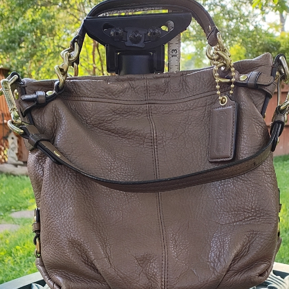 Coach Brown Shoulder Bag with Pebbled Leather and Metal Accents
